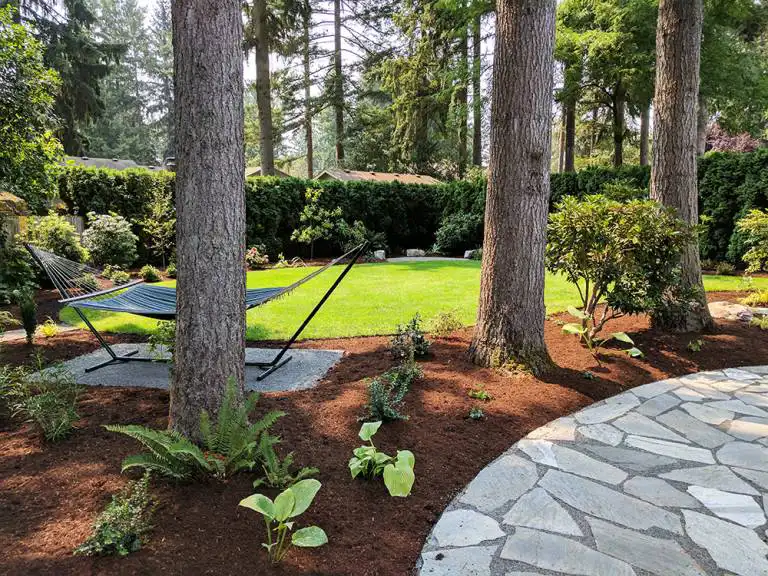 mulch and pine straw installation Landscape design with walkway, trees and plants