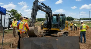 Construction crews working beside an excavator at an outdoor job site during extreme heat.